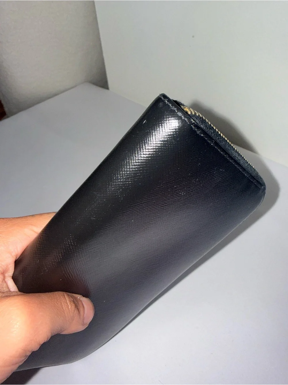 Prada Black Saffiano Leather Zip Wallet with Gold Logo